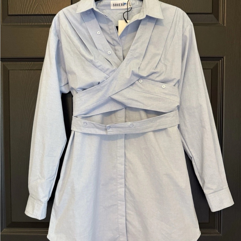 Sovere  Medium/10 NWT Dixie Wrap Shirt Dress Blue Long Sleeve Button Down